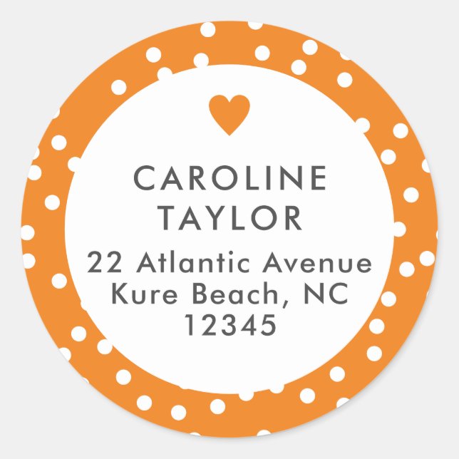 Preppy Orange Heart Polka Dots Cute Girly Address Classic Round Sticker (Front)