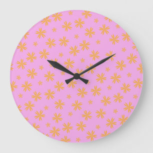 Preppy Orange Pink Hippie Flower Pattern Large Clock