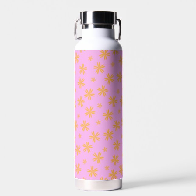Preppy Orange Pink Hippie Flower Pattern Water Bottle (Front)