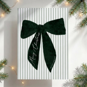 Preppy Oversized Green Velvet Bow Striped Holiday Card