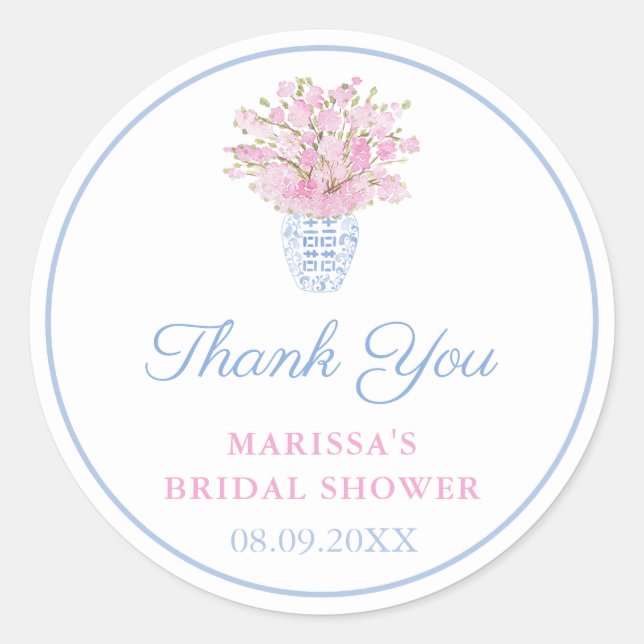 Preppy Pale Blue Blush Chinoiserie Wedding Shower Classic Round Sticker (Front)