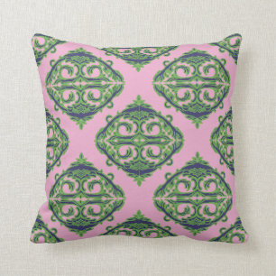 Preppy Pale Pink, Green & Blue Damask Throw Pillow