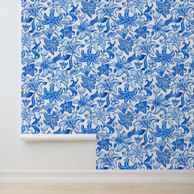 Preppy Palm Beach Blue and White Flowers Wallpaper (Application)