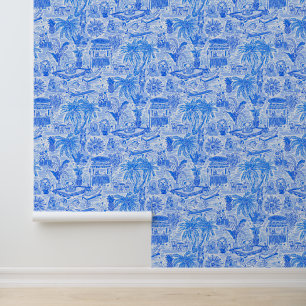 Preppy Palm Beach Blue & White Animal Vacation Wallpaper
