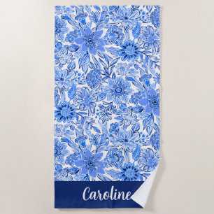 Preppy Palm Beach Blue & White Floral Personalized Towel
