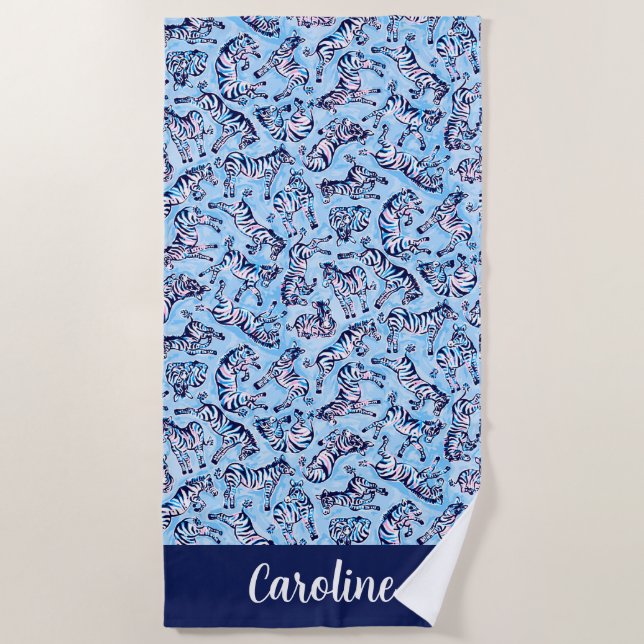 Preppy Palm Beach Blue Zebras Personalized Towel (Front)