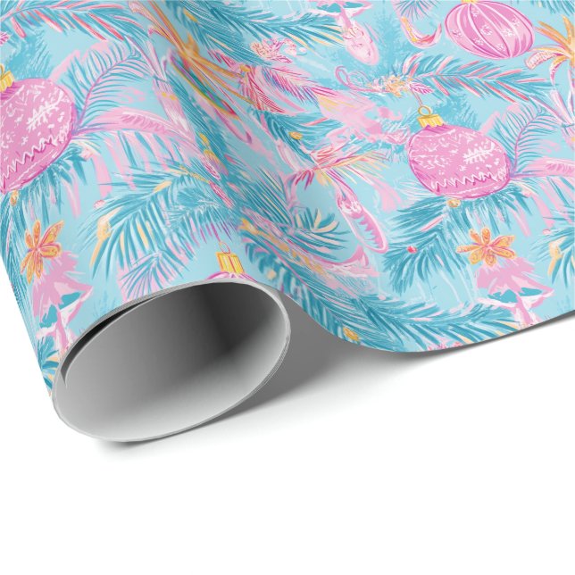 Preppy Palm Beach Christmas Trees & Ornaments Wrapping Paper (Roll Corner)