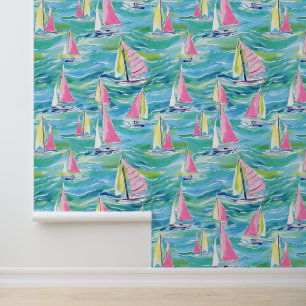 Preppy Palm Beach Colourful Watercolor Sailboats Wallpaper