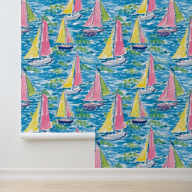 Preppy Palm Beach Colourful Watercolor Sailboats Wallpaper (Application)