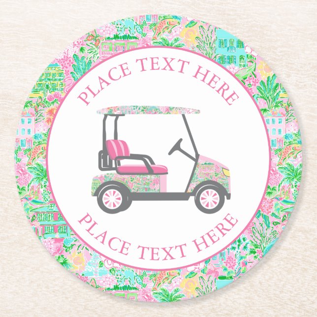 Preppy Palm Beach Golf Cart Round Paper Coaster (Front)