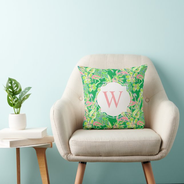 Preppy Palm Beach Green Pink Flamingos Monogram Throw Pillow (Chair)