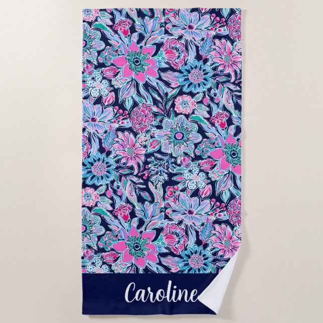 Preppy Palm Beach Navy Lavender Floral Personalize Beach Towel (Front)