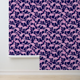 Preppy Palm Beach Navy & Pink Flamingos Wallpaper