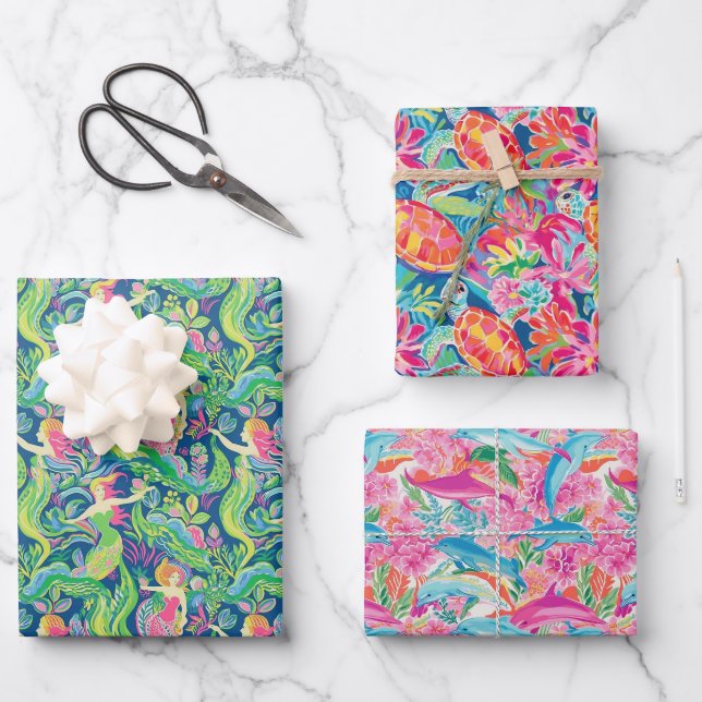 Preppy Palm Beach Ocean Mermaids Turtles Dolphins Wrapping Paper Sheet (Front)
