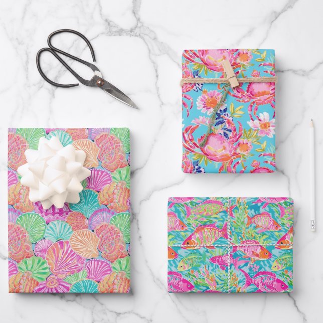 Preppy Palm Beach Ocean Shell Crab Fish Pattern Wrapping Paper Sheet (Front)