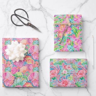 Preppy Palm Beach Ocean Shell Crab Flowers Pattern Wrapping Paper Sheet