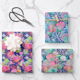 Preppy Palm Beach Ocean Shell Crab Flowers Pattern Wrapping Paper Sheet