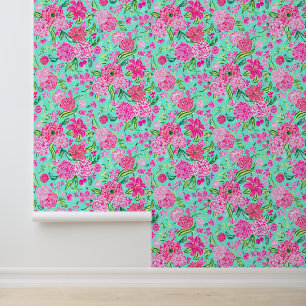 Preppy Palm Beach Pink & Aqua Flowers Wallpaper