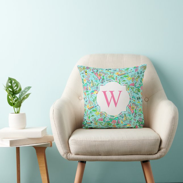 Preppy Palm Beach Pink Blue Bermuda Monogram Throw Pillow (Chair)