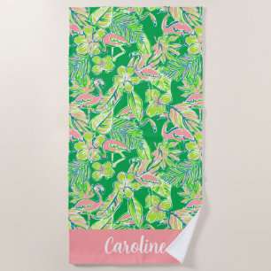 Preppy Palm Beach Pink Green Flamingo Personalized Towel