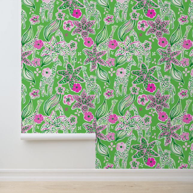 Preppy Palm Beach Pink & Green Jungle Giraffes Wallpaper (Application)