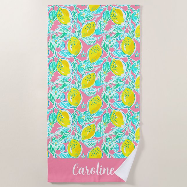 Preppy Palm Beach Pink Lemons Personalized Towel (Front)