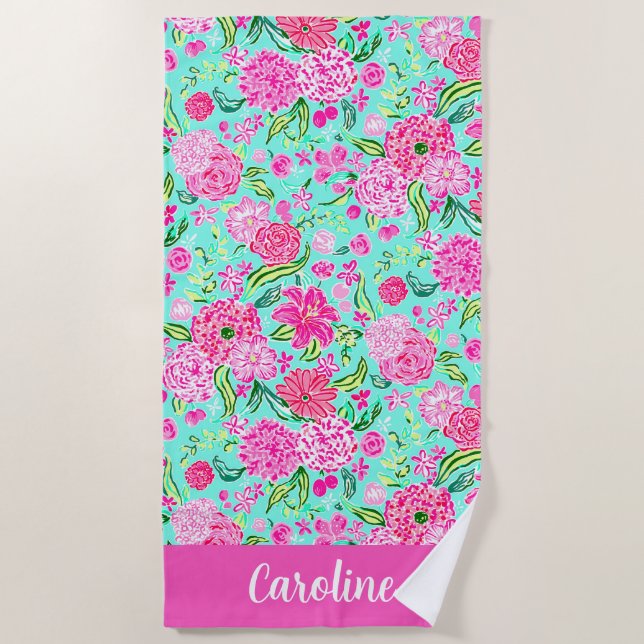 Preppy Palm Beach Pink Mint Flowers Personalized Towel (Front)