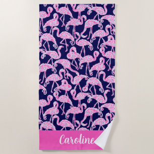 Preppy Palm Beach Pink Navy Flamingo Personalized Towel
