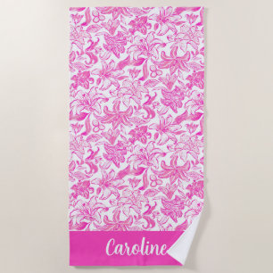 Preppy Palm Beach Pink & White Lilies Personalized Towel