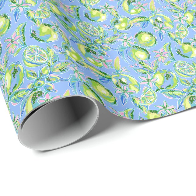 Preppy Palm Beach Print Blue and Green Limes Wrapping Paper (Roll Corner)