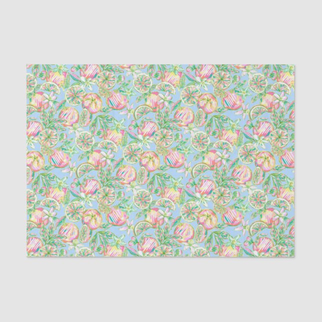 Preppy Palm Beach Print Blue and Pink Oranges Tissue Paper (Front)