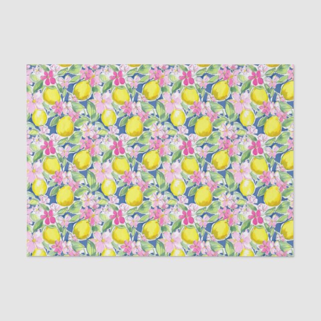 Preppy Palm Beach Print Blue and Yellow Lemons Tissue Paper (Front)