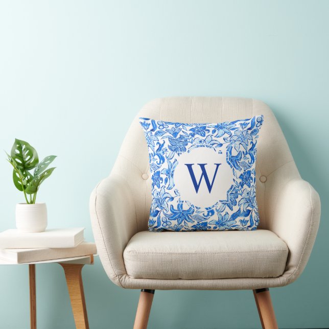 Preppy Palm Beach Print Blue Flowers Monogram Throw Pillow (Chair)