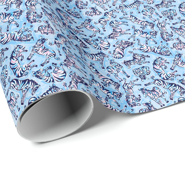 Preppy Palm Beach Print Blue Zebras Wrapping Paper (Roll Corner)