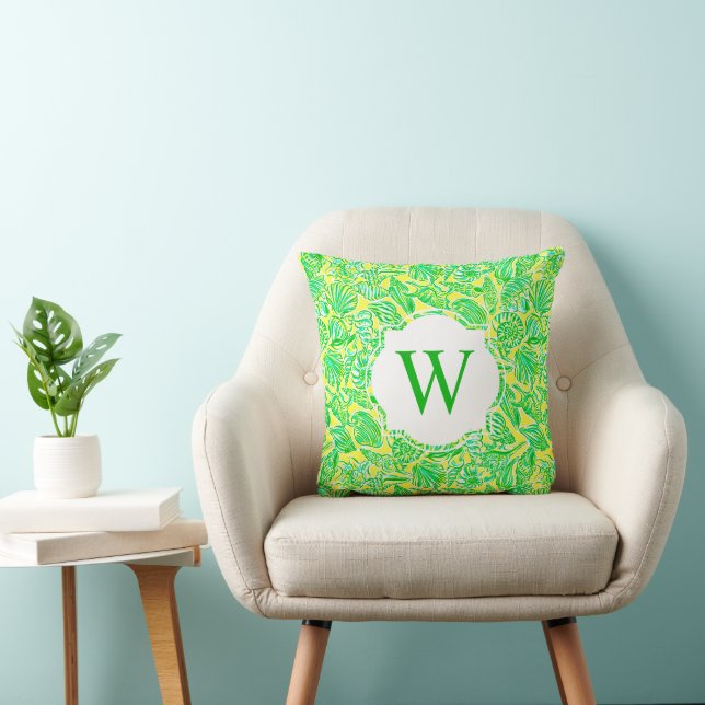Preppy Palm Beach Print Green Shells Monogram Throw Pillow (Chair)
