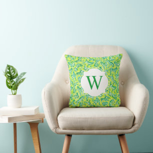 Preppy Palm Beach Print Green Zebras Monogram Throw Pillow