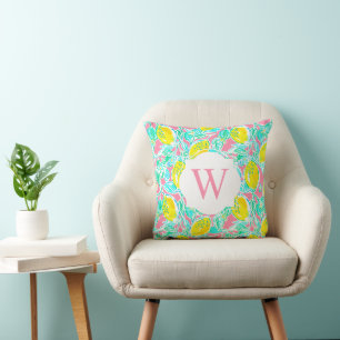 Preppy Palm Beach Print Lemons Monogram Throw Pillow