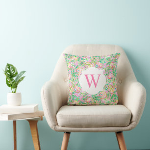 Preppy Palm Beach Print Lt. Pink Oranges Monogram Throw Pillow