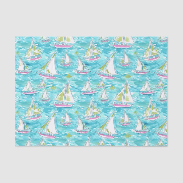 Preppy Palm Beach Print Pastel Sailboats Tissue Paper (Front)