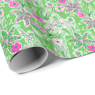 Preppy Palm Beach Print Pink and Green Giraffes Wrapping Paper