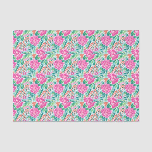 Preppy Palm Beach Print Pink and Green Tigers Tissue Paper (Front)