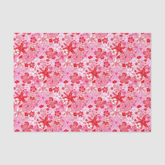 Preppy Palm Beach Print Pink and Red Flowers Tissue Paper (Front)