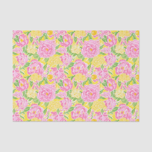 Preppy Palm Beach Print Pink and Yellow Flowers Tissue Paper (Front)