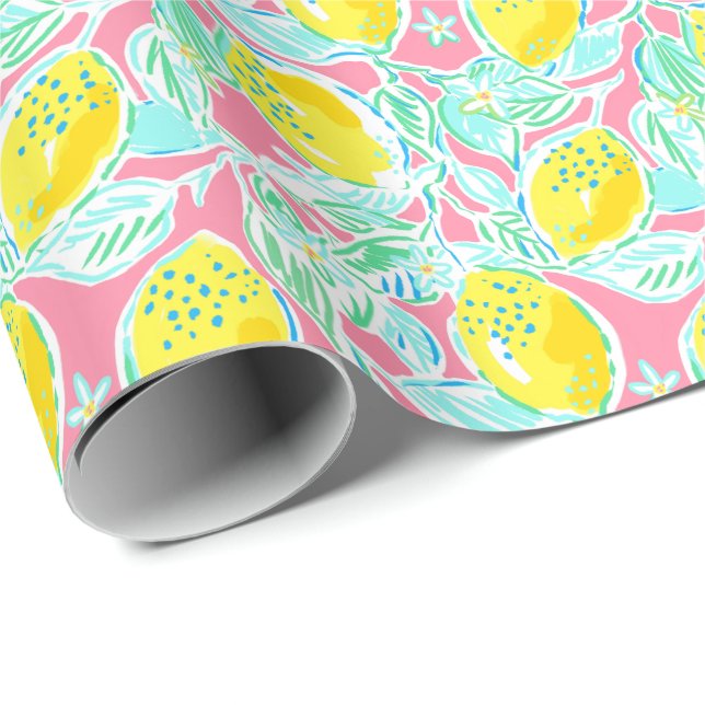 Preppy Palm Beach Print Pink and Yellow Lemons Wrapping Paper (Roll Corner)