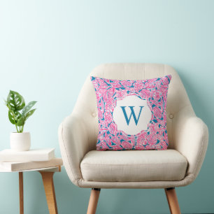 Preppy Palm Beach Print Pink Blue Shells Monogram Throw Pillow