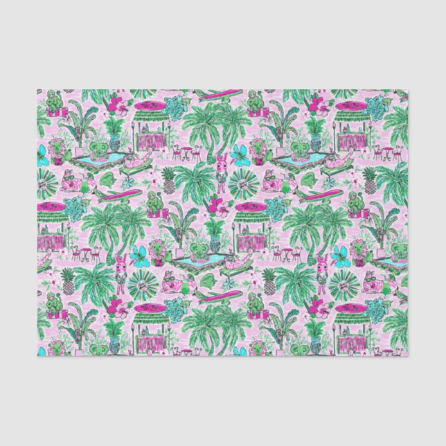 Preppy Palm Beach Print Pink & Green Animal Vacay Tissue Paper (Front)