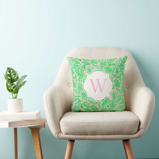 Preppy Palm Beach Print Pink Green Shells Monogram Throw Pillow (Chair)