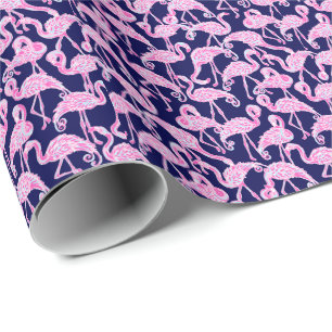 Preppy Palm Beach Print Pink & Navy Flamingos Wrapping Paper