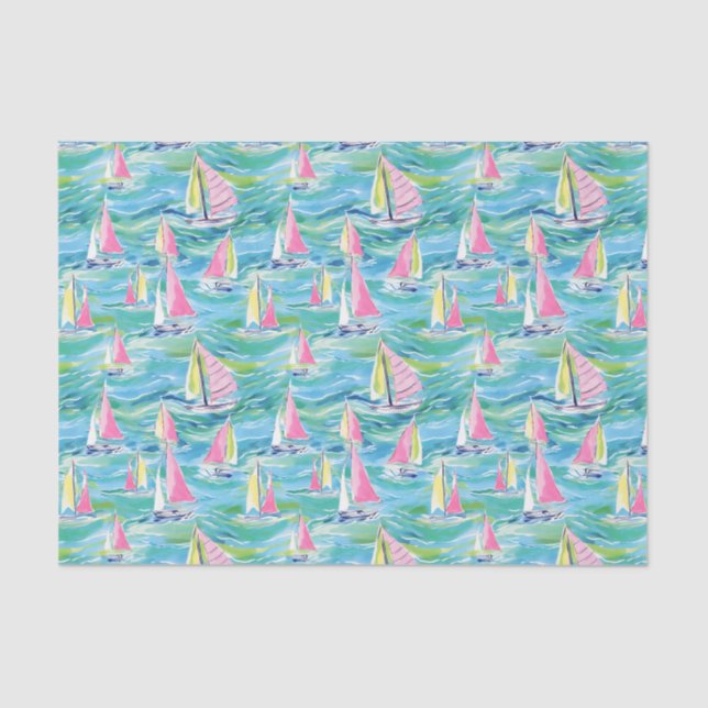 Preppy Palm Beach Print Pink Sailboats Tissue Paper (Front)