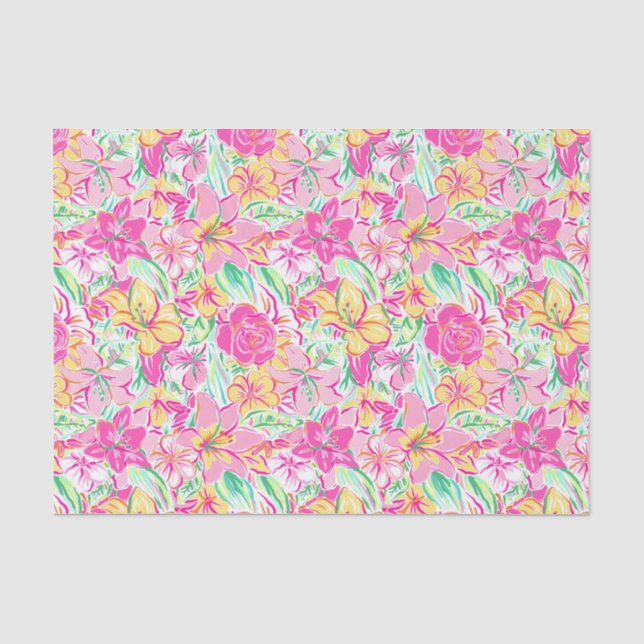 Preppy Palm Beach Print Pink & Yellow Lily Flowers Tissue Paper (Front)